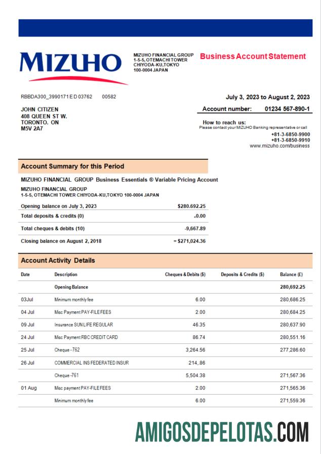 Imprimível Mizuho Financial Group Bank Company modelo de extrato de conta Word e PDF